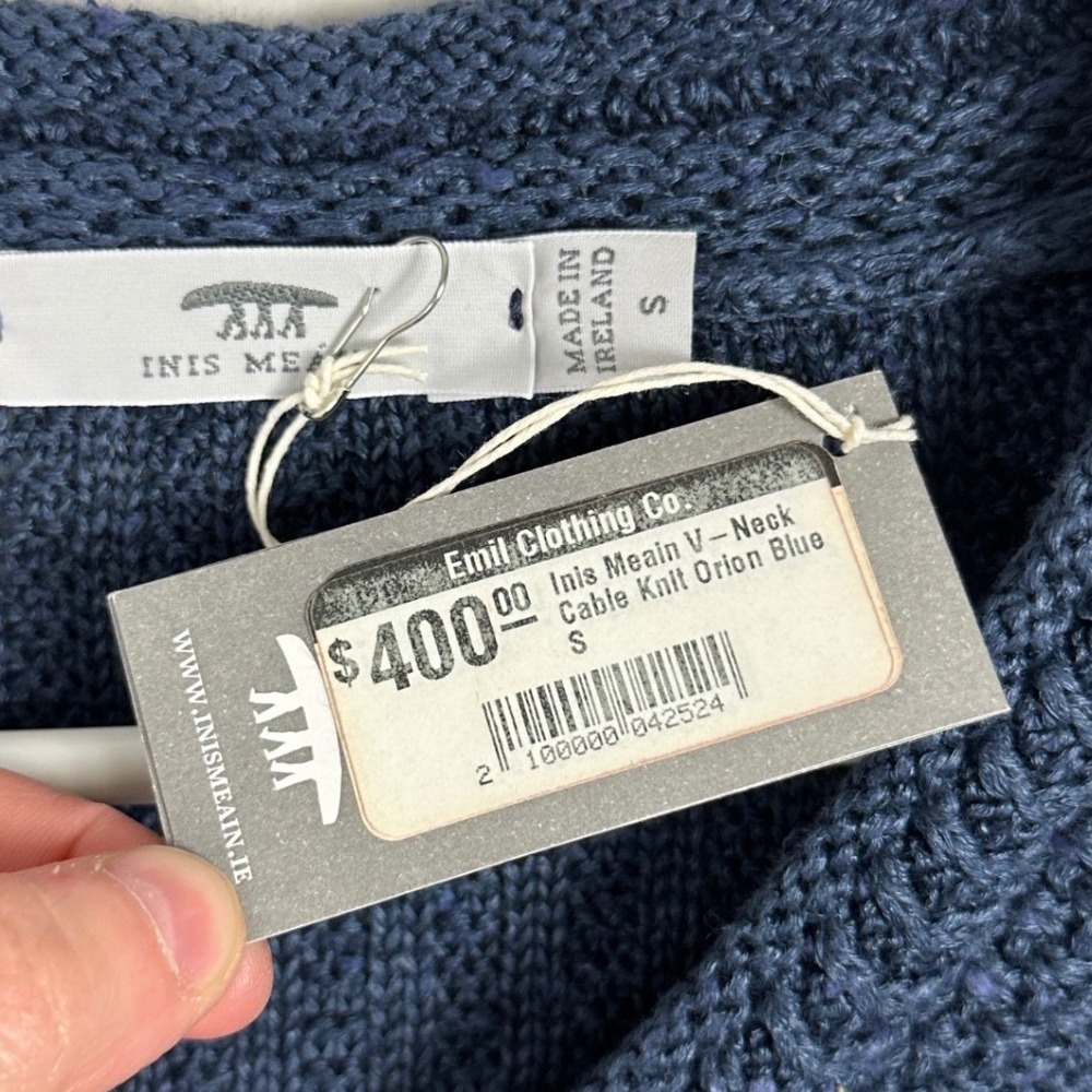 Inis Meain 90% Linen 10% Silk Blue Chevron Cable Knit Sweater Men Size Small NEW - Picture 2 of 16